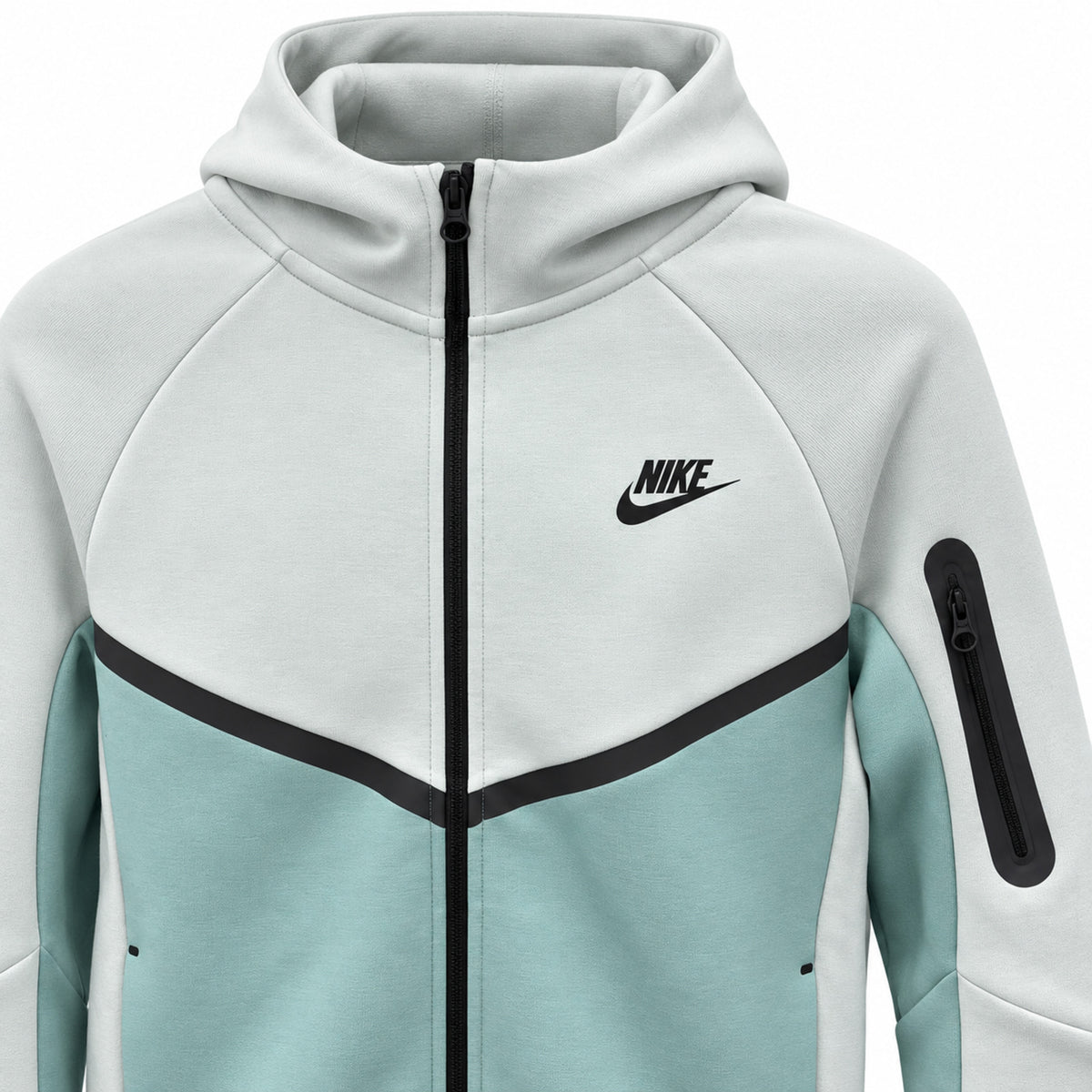 Detalle de logo, cierres y tejido de chaqueta Nike Tech Fleece