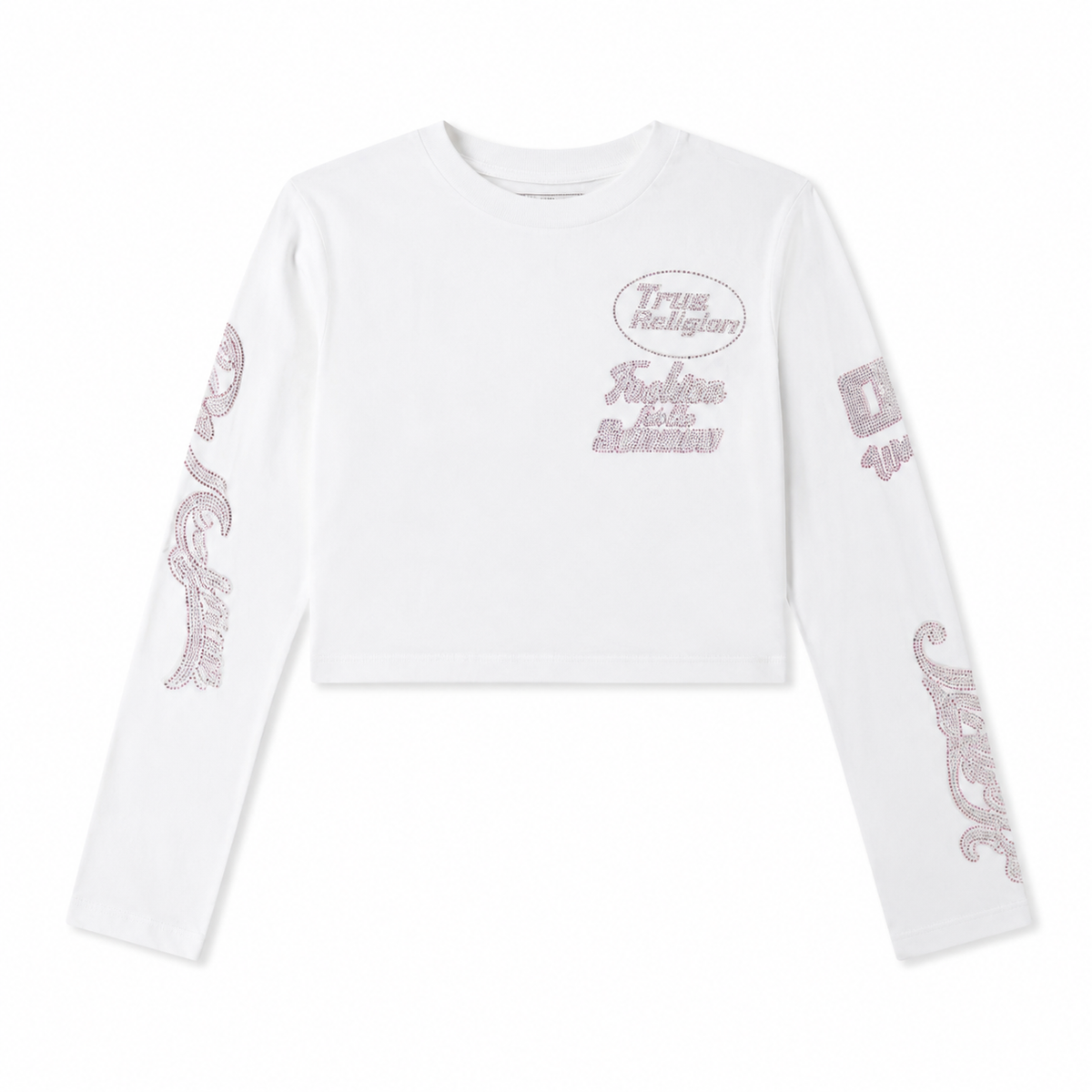 Polera True Religion mujer blanca con pedrería rosada, vista frontal