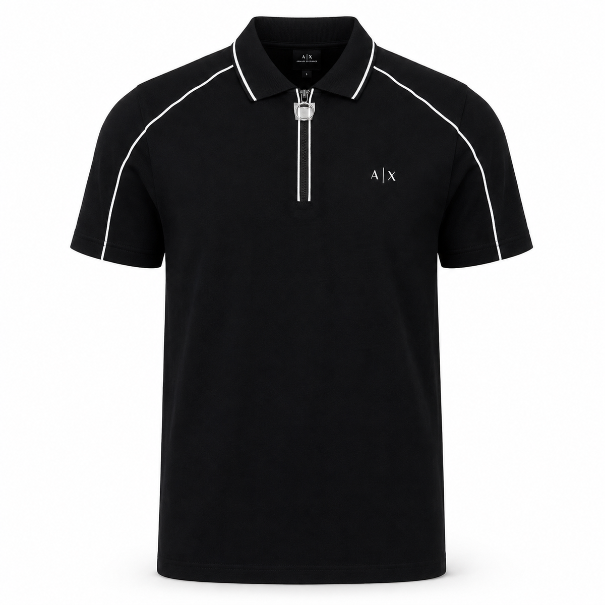 Polo Armani Exchange A|X negra con cierre y líneas blancas