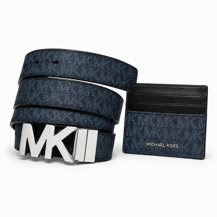 Set Michael Kors Cinturón y Tarjetero Monograma Azul – Hombre