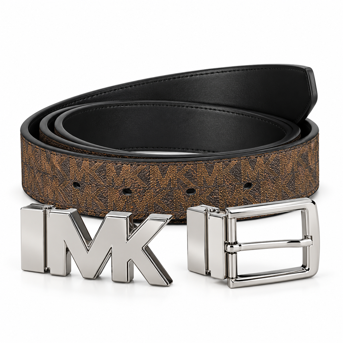 Cinturón Michael Kors café reversible con dos hebillas plateadas