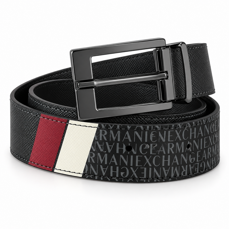 Cinturón Armani Exchange reversible negro con franja roja y blanca