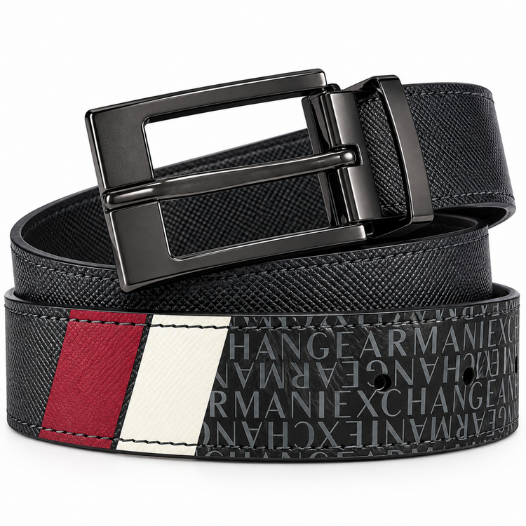 Detalle del cinturón Armani Exchange rojo y blanco