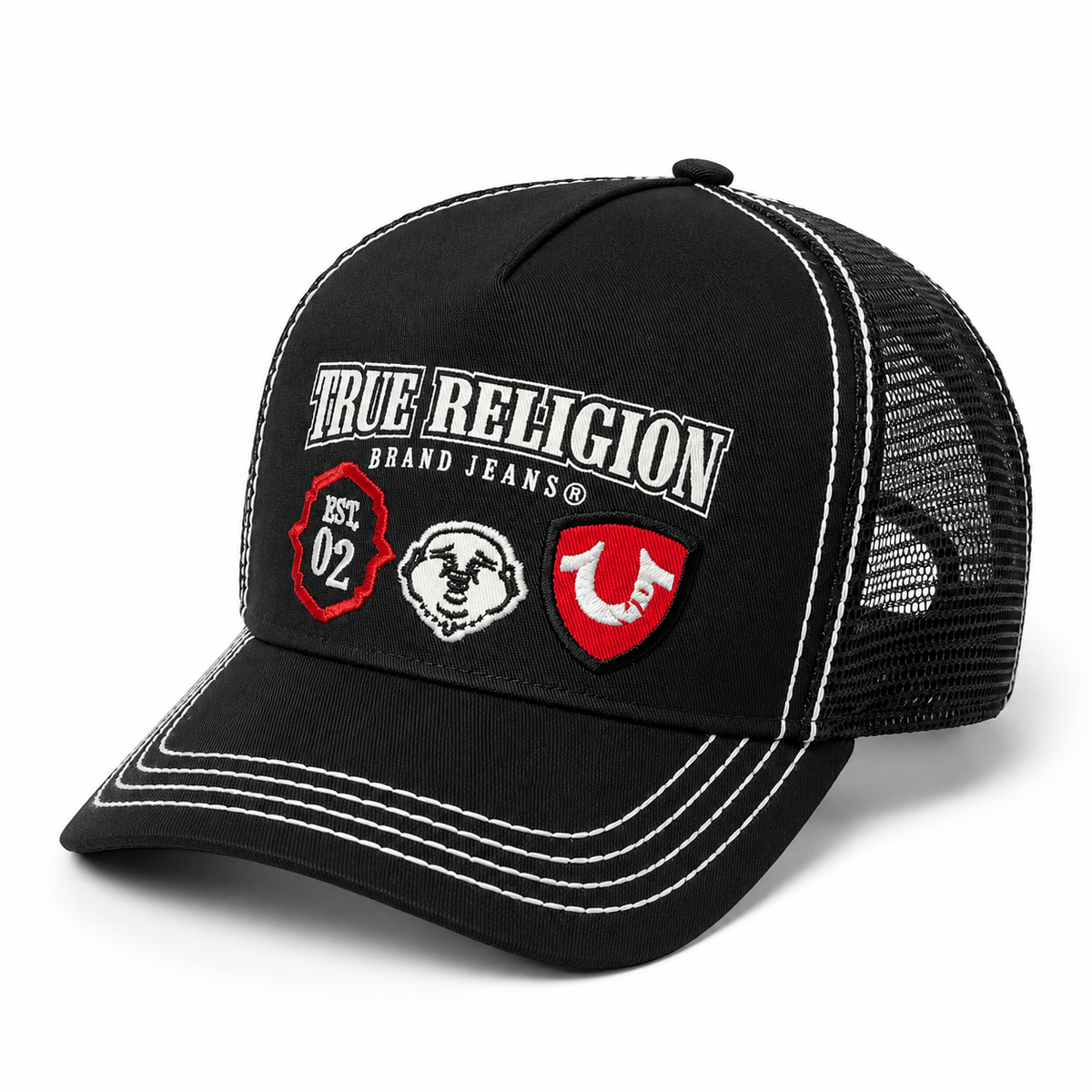 Gorro True Religion negro con parches bordados, vista diagonal