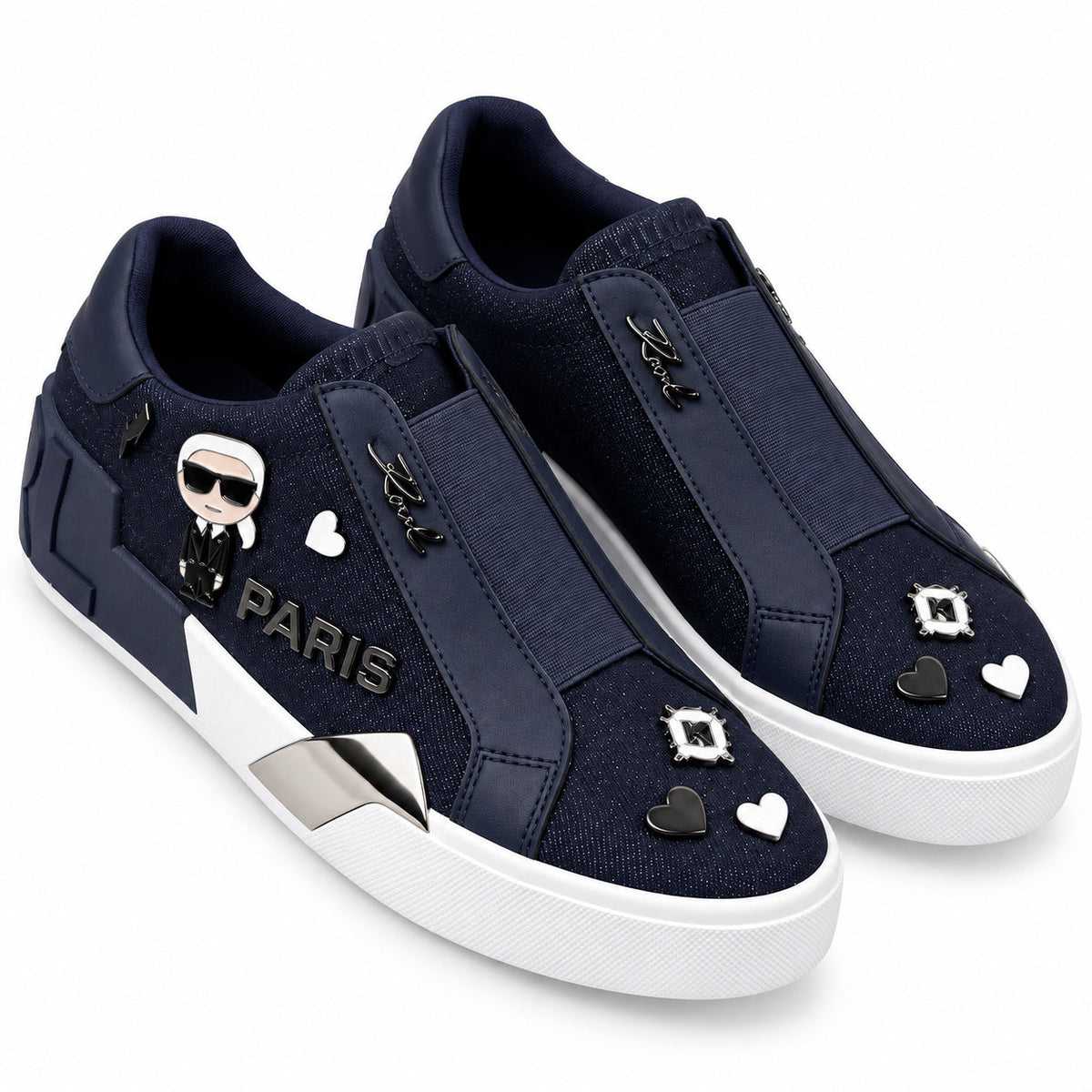 Vista superior de zapatillas Karl Lagerfeld azul marino con apliques