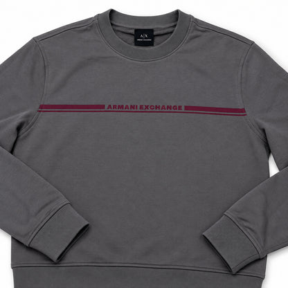 Detalle del logotipo burdeo del polerón Armani Exchange gris