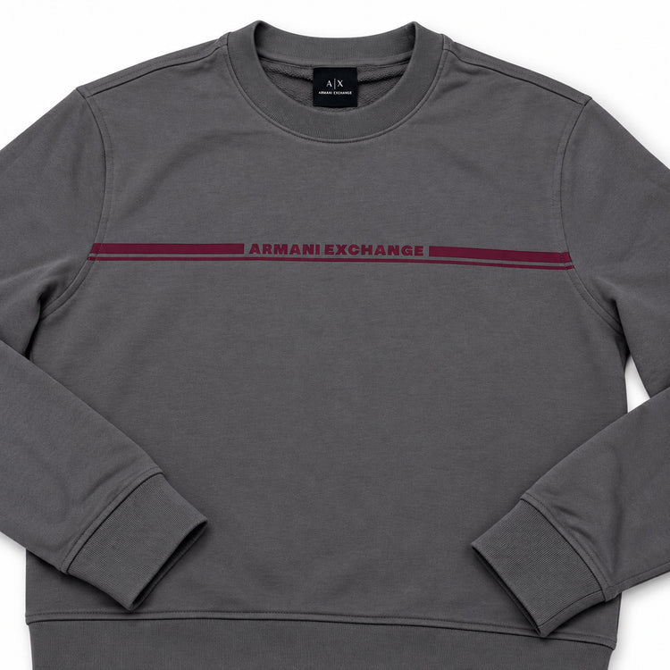 Detalle del logotipo burdeo del polerón Armani Exchange gris