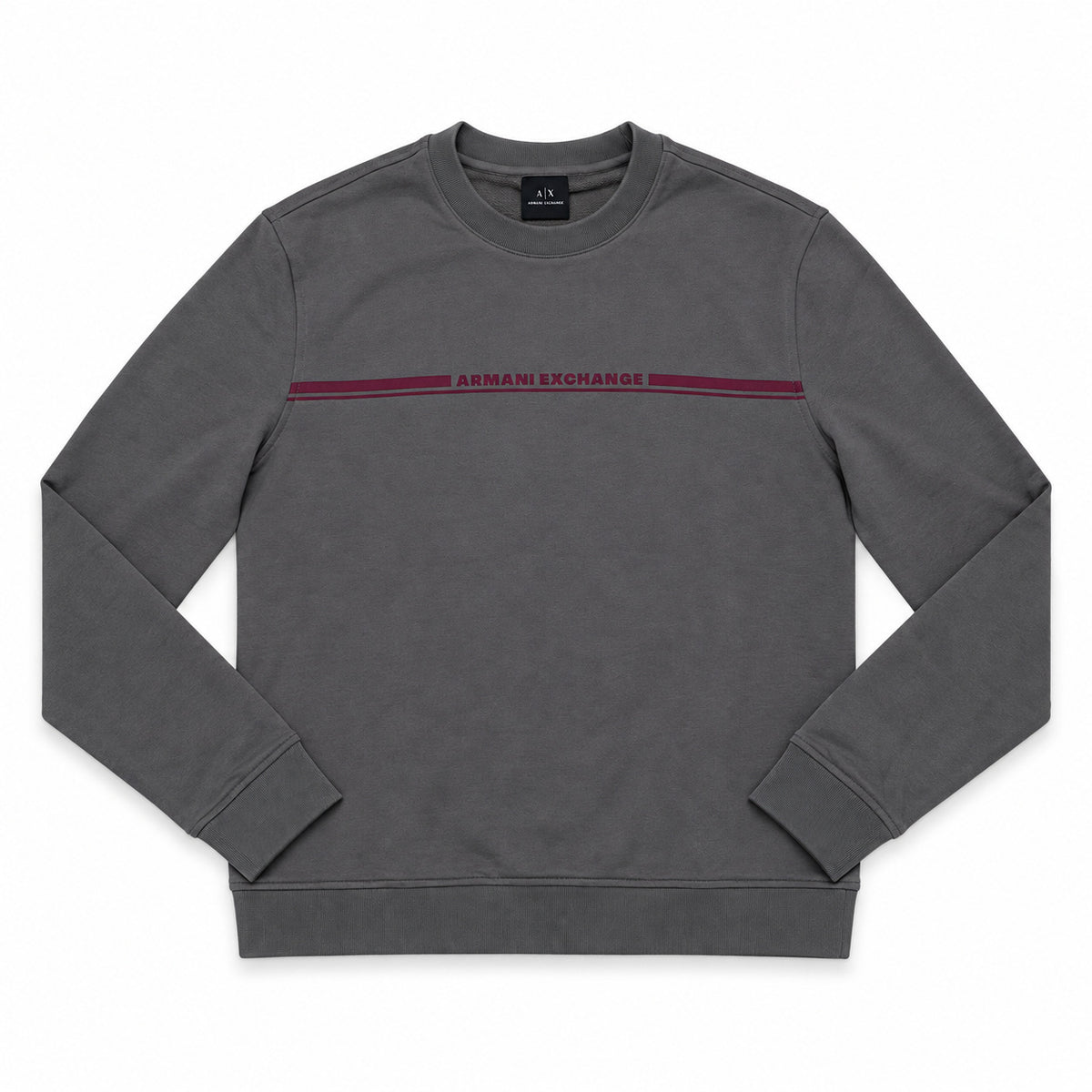 Polerón Armani Exchange gris con línea burdeo, vista frontal