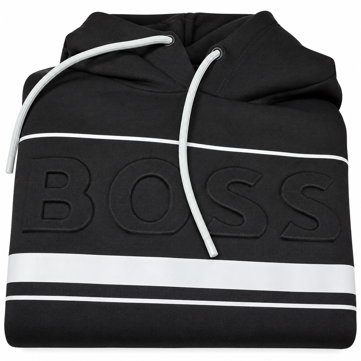 Detalle del logo y franjas del polerón BOSS negro