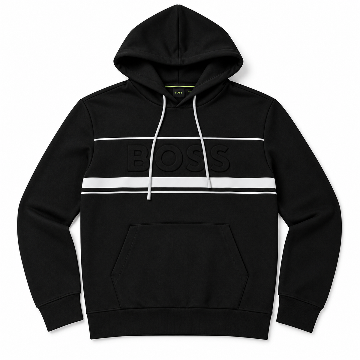Polerón BOSS negro con franjas reflectantes, vista frontal
