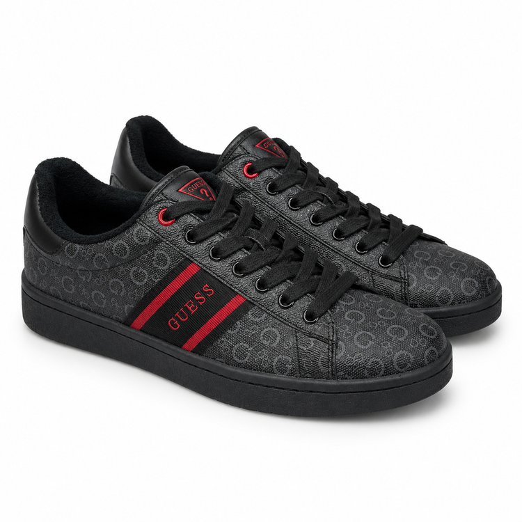 Zapatillas Guess negras con monograma y detalles rojos, vista frontal lateral